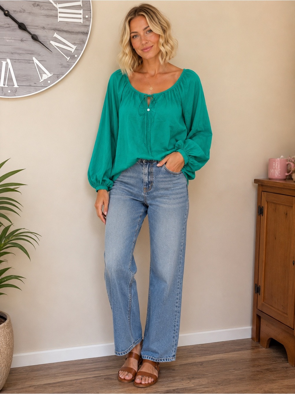 NWT Universal Thread Emerald Green Peasant Blouse